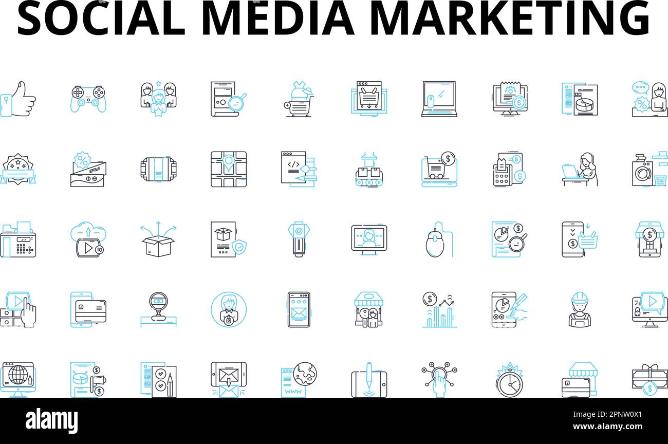 Jeu d'icônes linéaires de marketing de médias sociaux. Engagement, marquage, viral, hashtags, campagnes, Aperçus, symboles vectoriels d'influenceurs et signes de concept de ligne Illustration de Vecteur