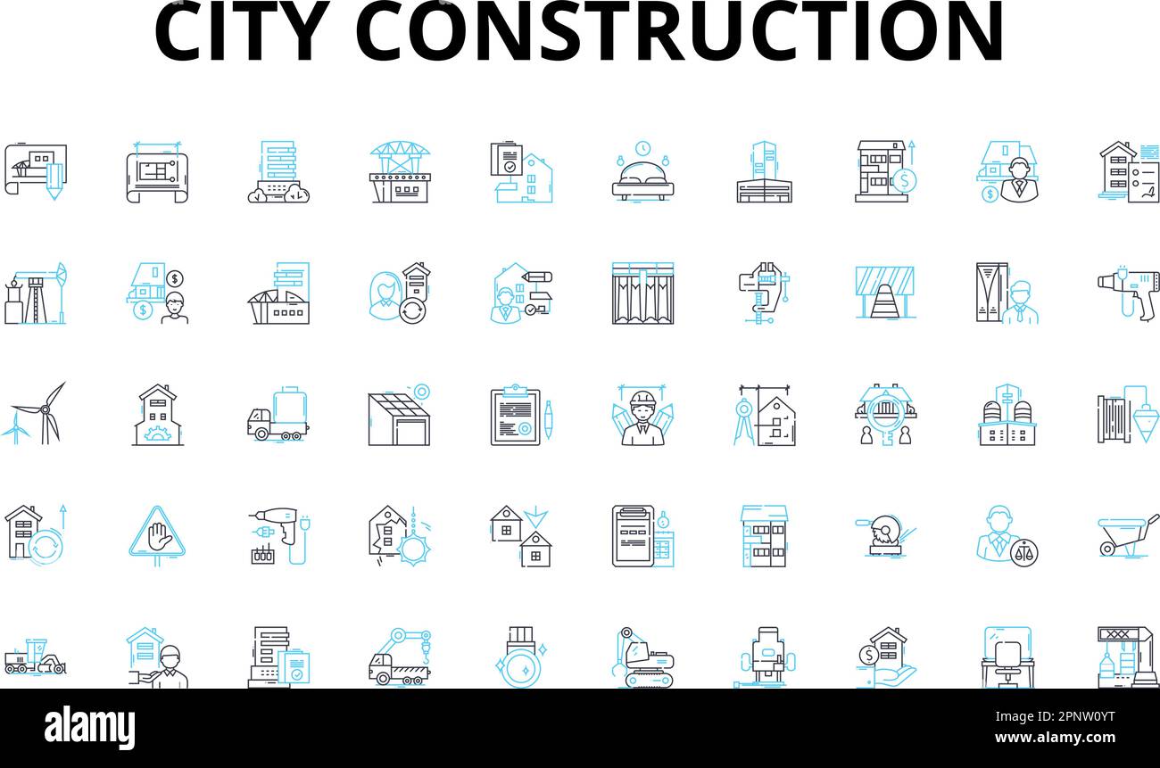 Ensemble d'icônes linéaires de construction urbaine. Structures, bâtiments, planification, conception, développement, Infrastructure, symboles de vecteur d'urbanisation et concept de ligne Illustration de Vecteur