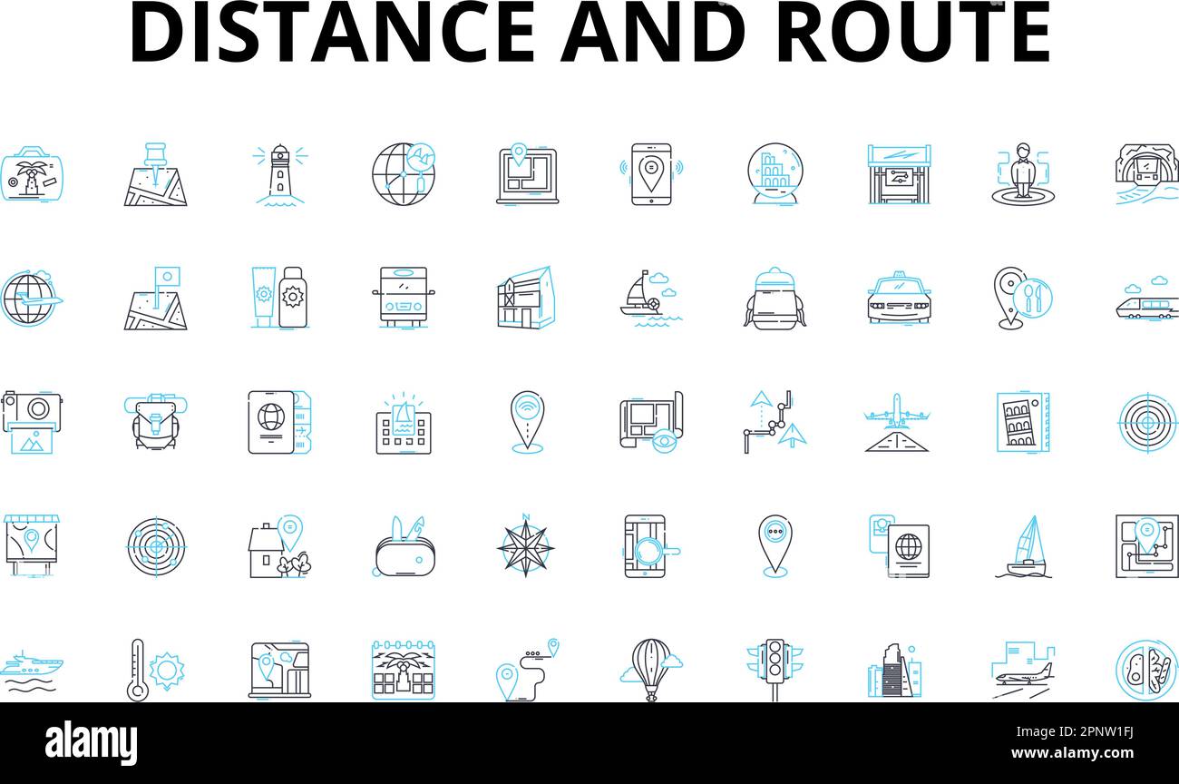 Les icônes de distance et d'itinéraire linéaires sont définies. Navigation, Direction, itinéraire, itinéraire, Chemin, symboles de vecteur de distance et signes de concept de ligne. Kilométrage Illustration de Vecteur