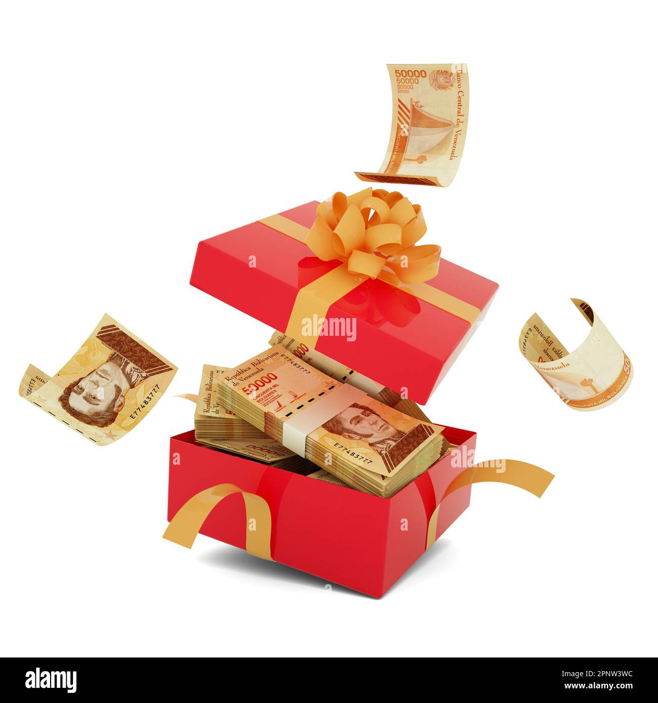 bolivar vénézuélien note à l'intérieur d'une boîte cadeau rouge ouverte. bolivar vénézuélien à l'intérieur et en volant autour d'une boîte cadeau. 3d rendu de l'argent à l'intérieur de la boîte isoler Banque D'Images