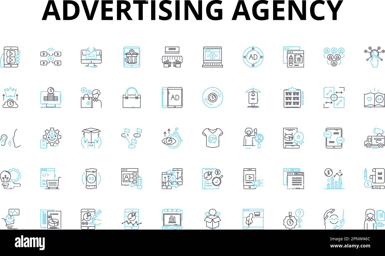 Ensemble d'icônes linéaires d'agence de publicité. Créativité, campagnes, marquage, stratégie, analyses, Marketing, symboles vectoriels publicitaires et concept de ligne Illustration de Vecteur