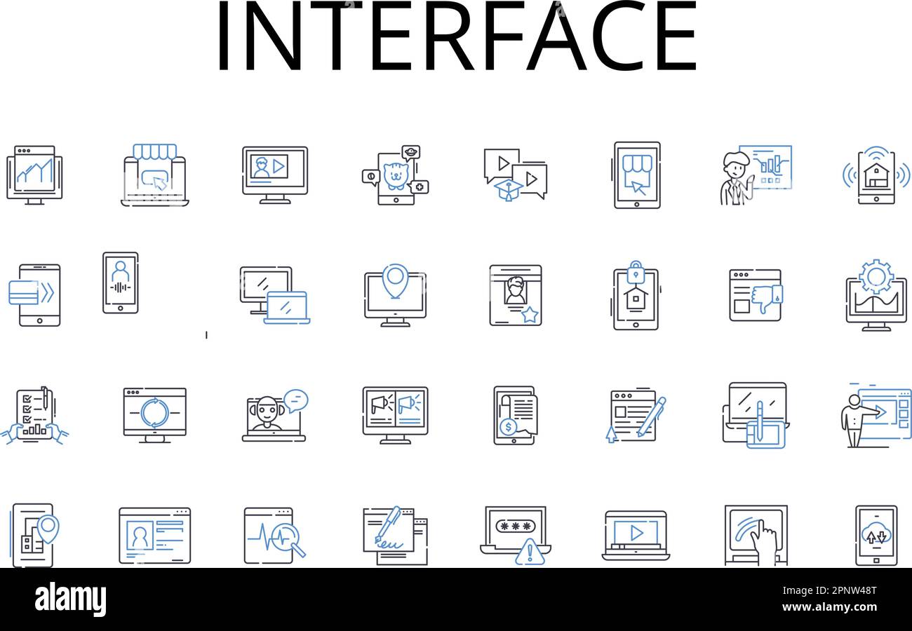 Collection d'icônes de ligne d'interface. Point de connexion, zone d'interaction, lieu de réunion, système de point de contact, plate-forme de liaison, Jonction de communication Illustration de Vecteur