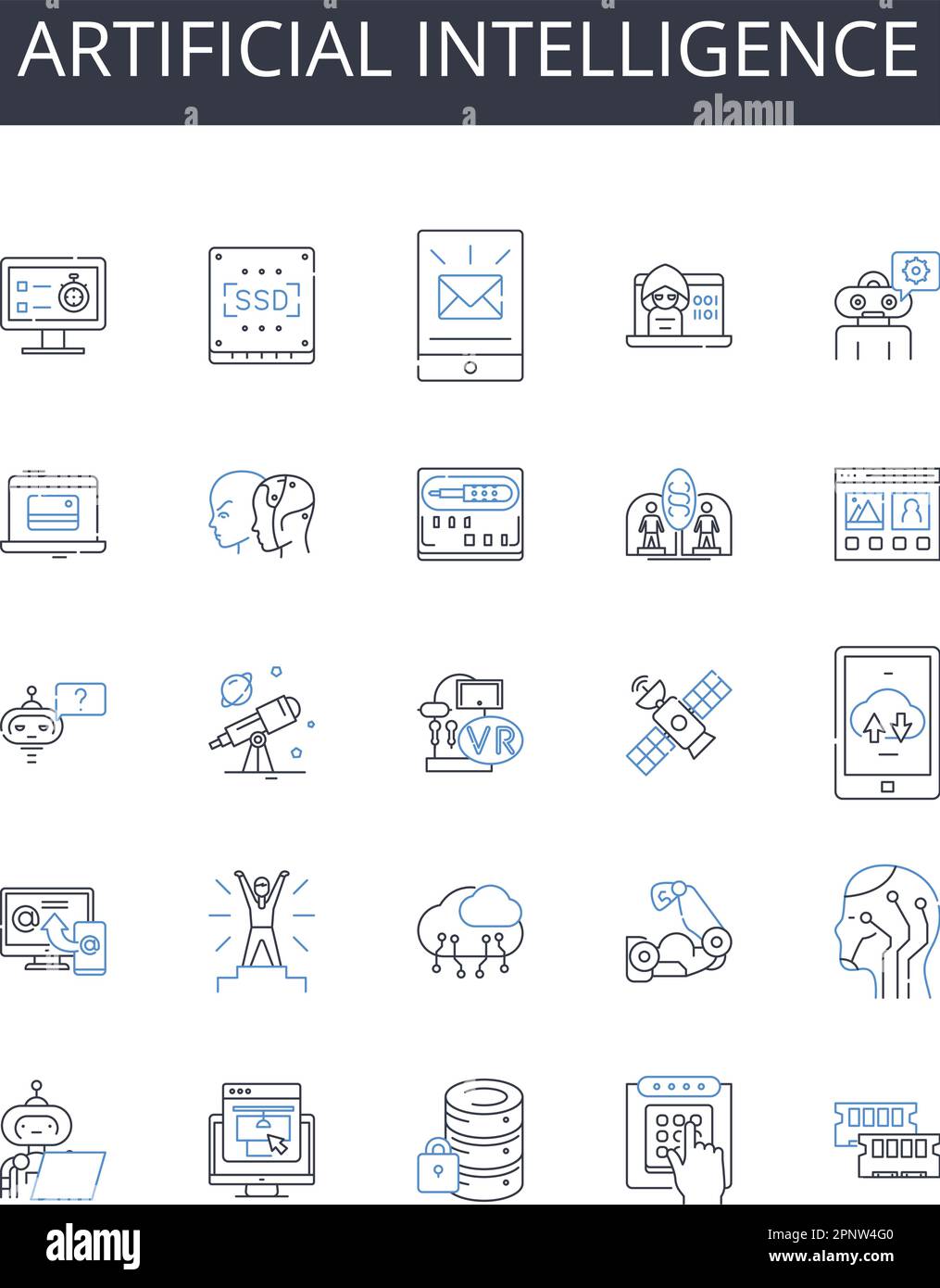 Collection d'icônes de ligne d'intelligence artificielle. Apprentissage machine, informatique cognitive, automatisation numérique, systèmes autonomes, intelligence robotique Illustration de Vecteur