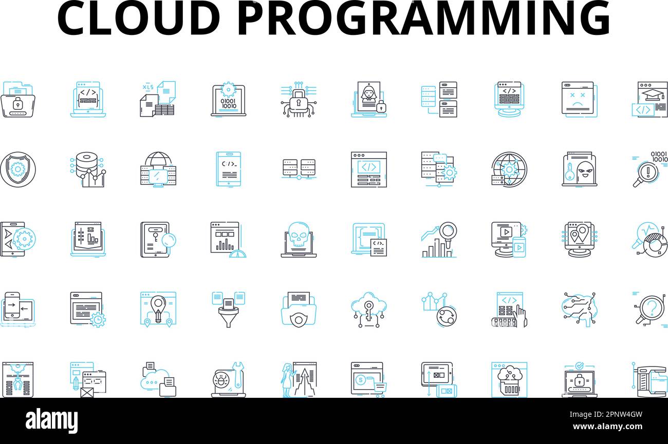 Ensemble d'icônes linéaires de programmation Cloud. Virtualisation, élasticité, DevOps, déploiement, microservices, Hybride, symboles de vecteur de résilience et concept de ligne Illustration de Vecteur
