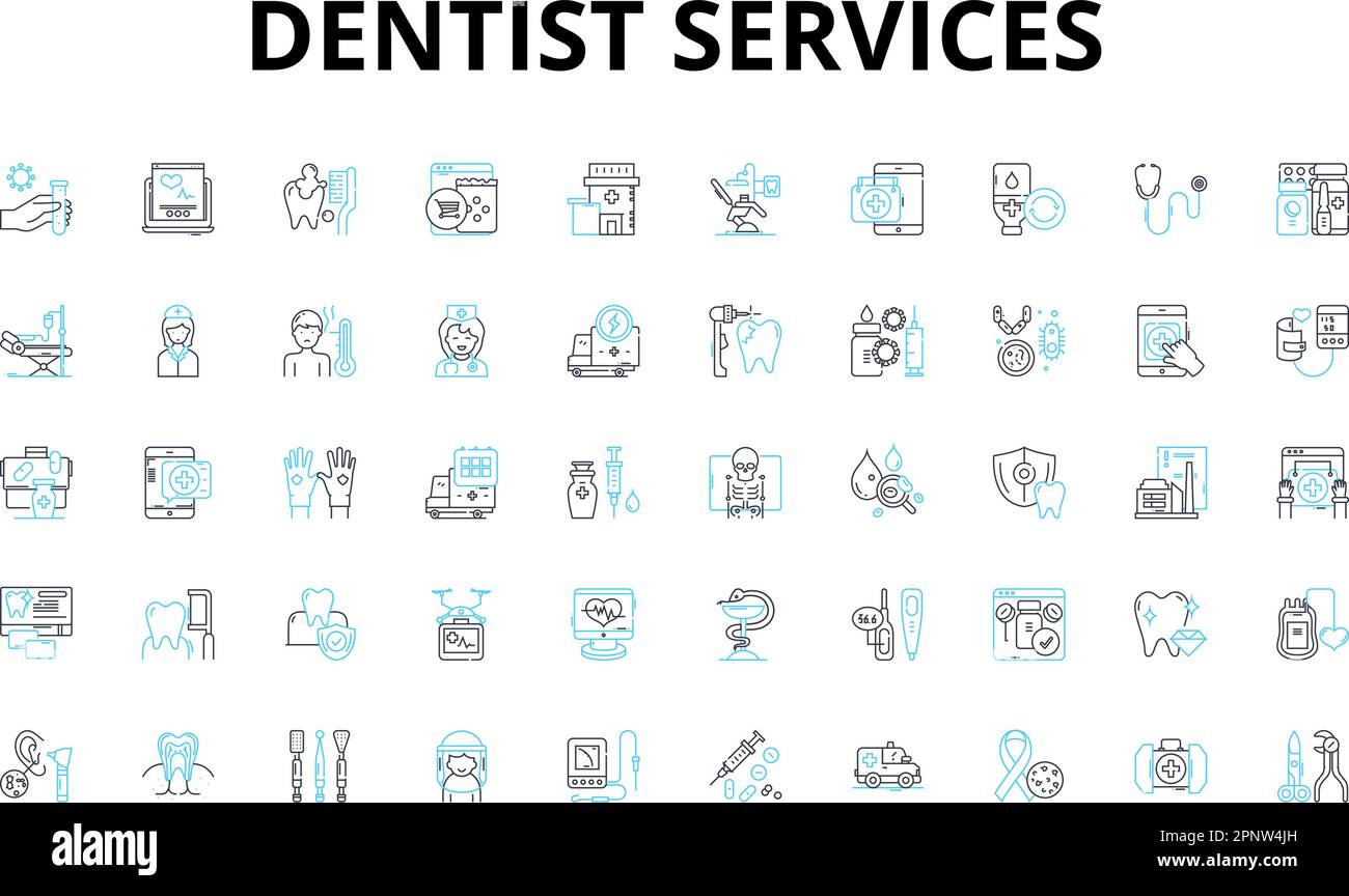 Ensemble d'icônes linéaires de services dentaires. Nettoyage, canal de racine, bretelles, blanchiment, remplissage, Extraction, symboles de vecteur de couronne et signes de concept de ligne. Implant Illustration de Vecteur