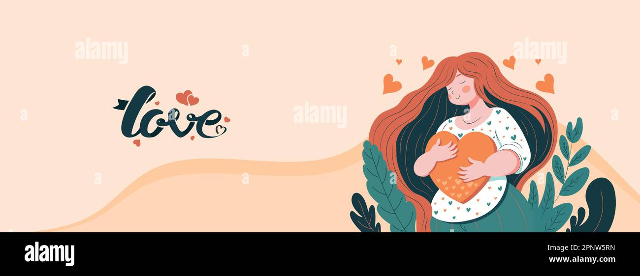 Jeune fille embrassant Un coeur et feuilles sur fond orange pastel. Concept de la Saint-Valentin « Love » ou « Happy Valentine ». Illustration de Vecteur