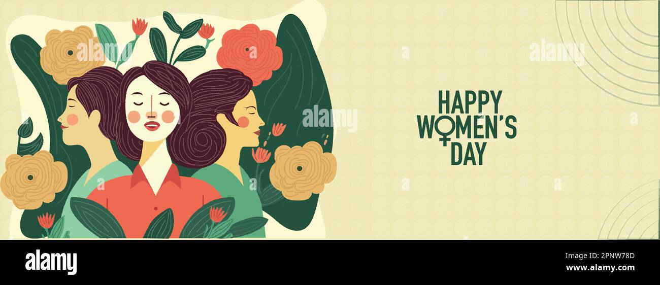 Happy Women's Day concept avec trois jeunes femmes personnages sur fond fleuri décoré. Illustration de Vecteur
