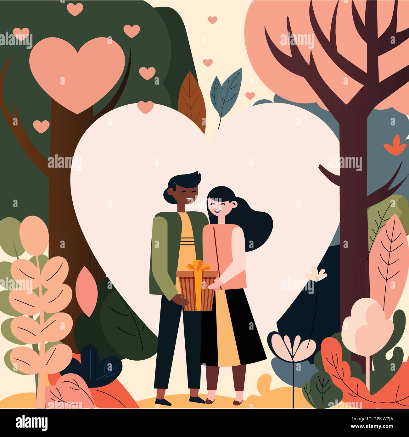 Jeune couple tenant Une boîte cadeau sur fond de nature. Concept de la Saint-Valentin. Illustration de Vecteur