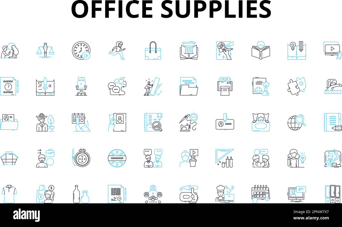 Ensemble d'icônes linéaires pour fournitures de bureau. Stylos, papier, agrafes, trombones, marqueurs, Surligneurs, crayons, symboles vectoriels et panneaux de concept de ligne. Gommes à effacer,Post Illustration de Vecteur