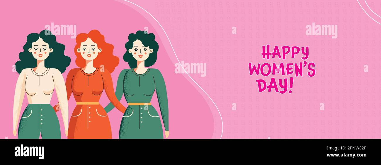 Happy Women's Day Banner Design avec trois personnages tendance de jeune fille sur fond de motif 8 de texte rose. Illustration de Vecteur