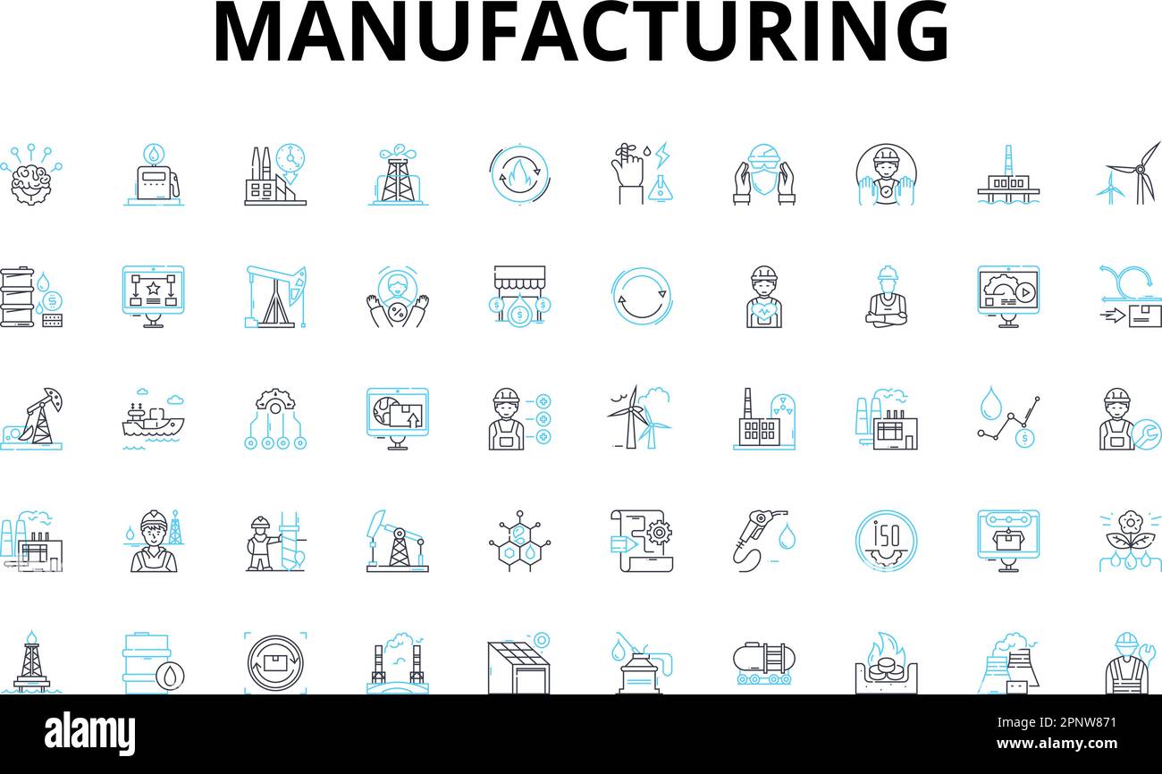 Ensemble d'icônes linéaires de fabrication. Production, assemblage, fabrication, automatisation, usinage, Moulage, moulage de symboles vectoriels et de symboles de concept de ligne Illustration de Vecteur