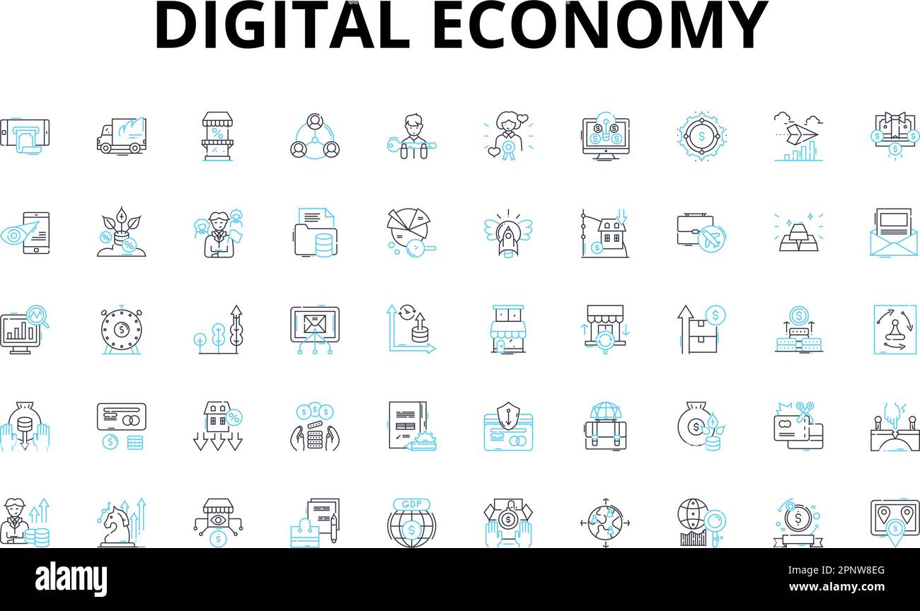 Ensemble d'icônes linéaires économie numérique. E-commerce, crypto-monnaie, blockchain, Cloud, Gig economy, Startups, symboles de vecteur virtuel et signes de concept de ligne Illustration de Vecteur