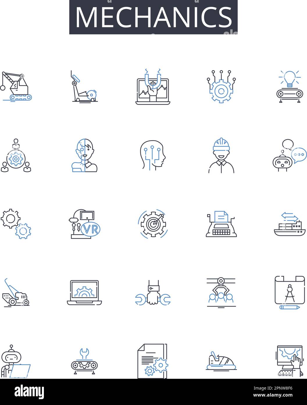 Collection d'icônes de ligne mécanique. Physique, dynamique, cinétique, mouvement, mouvement, Force, vecteur d'énergie et illustration linéaire. Travail, lois de Newton Illustration de Vecteur