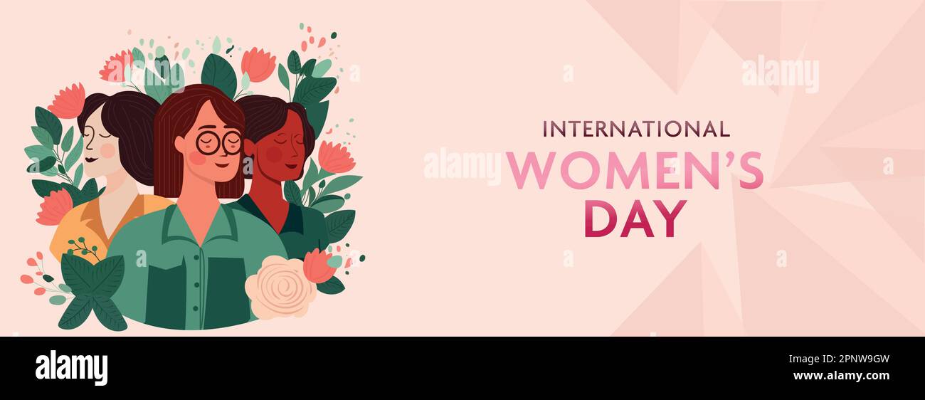 Concept de la Journée internationale de la femme avec trois personnages de jeunes femmes sur fond rose décoré de fleurs. Illustration de Vecteur