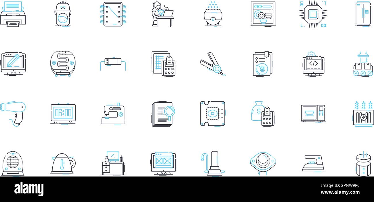 Jeu d'icônes linéaires du stock d'appareils. Inventaire, réfrigérateurs, lave-linge, sèche-linge, poêles, Les fours, les lave-vaisselle et les enseignes vectorielles et conceptuelles. Congélateurs Illustration de Vecteur