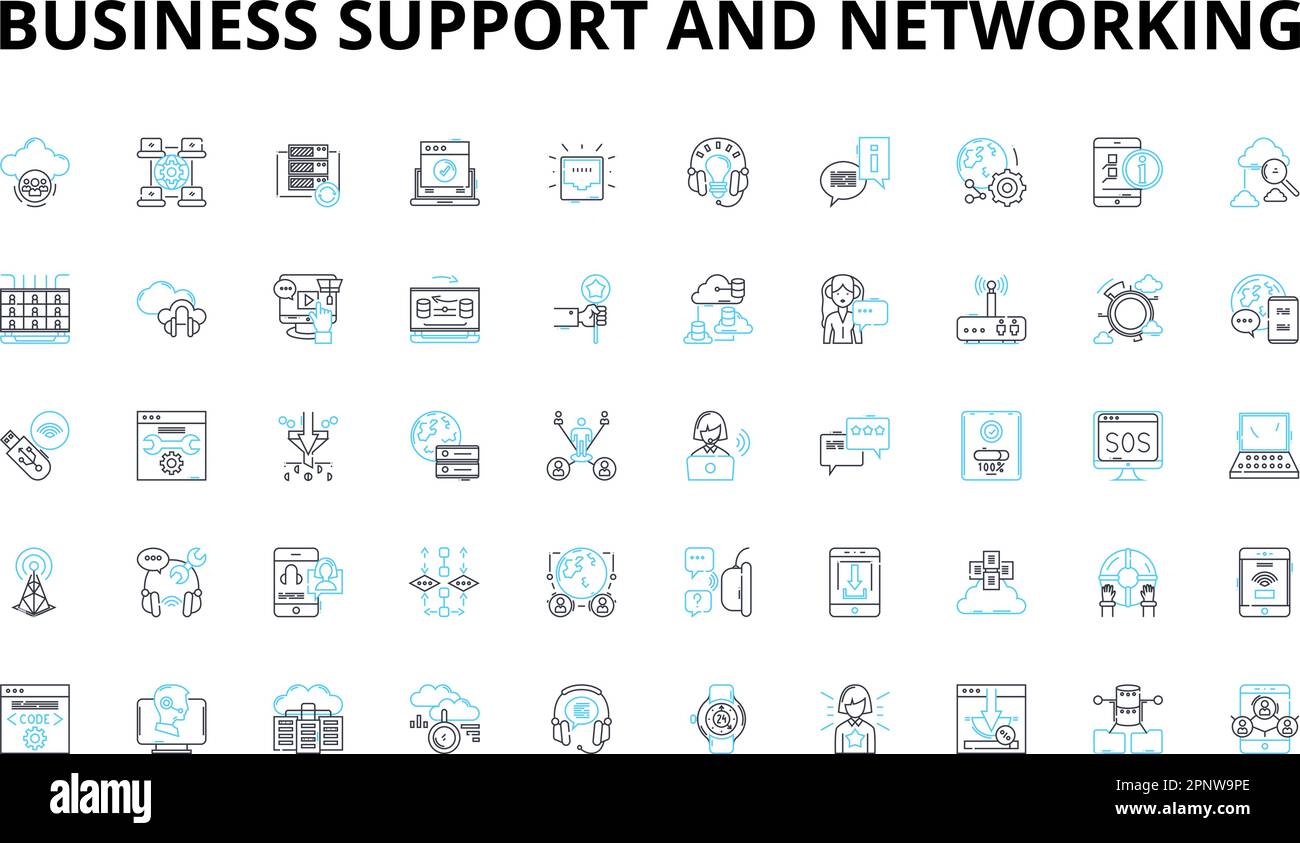 Ensemble d'icônes linéaires de support d'entreprise et de mise en réseau. Collaboration, connexions, assistance, Nerking, Ressources, Croissance, symboles vecteur d'expansion et ligne Illustration de Vecteur