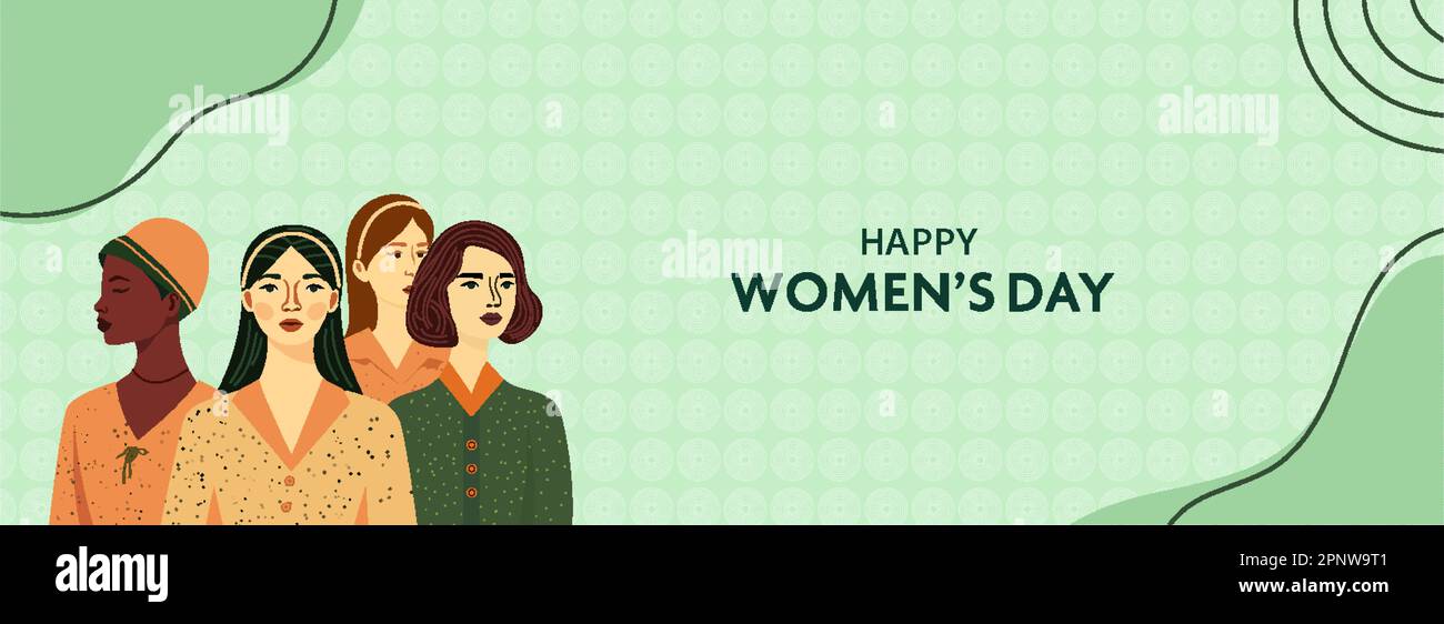 Happy Women's Day Banner Design avec Group of Young Female Characters sur fond de motif de cercles verts. Illustration de Vecteur