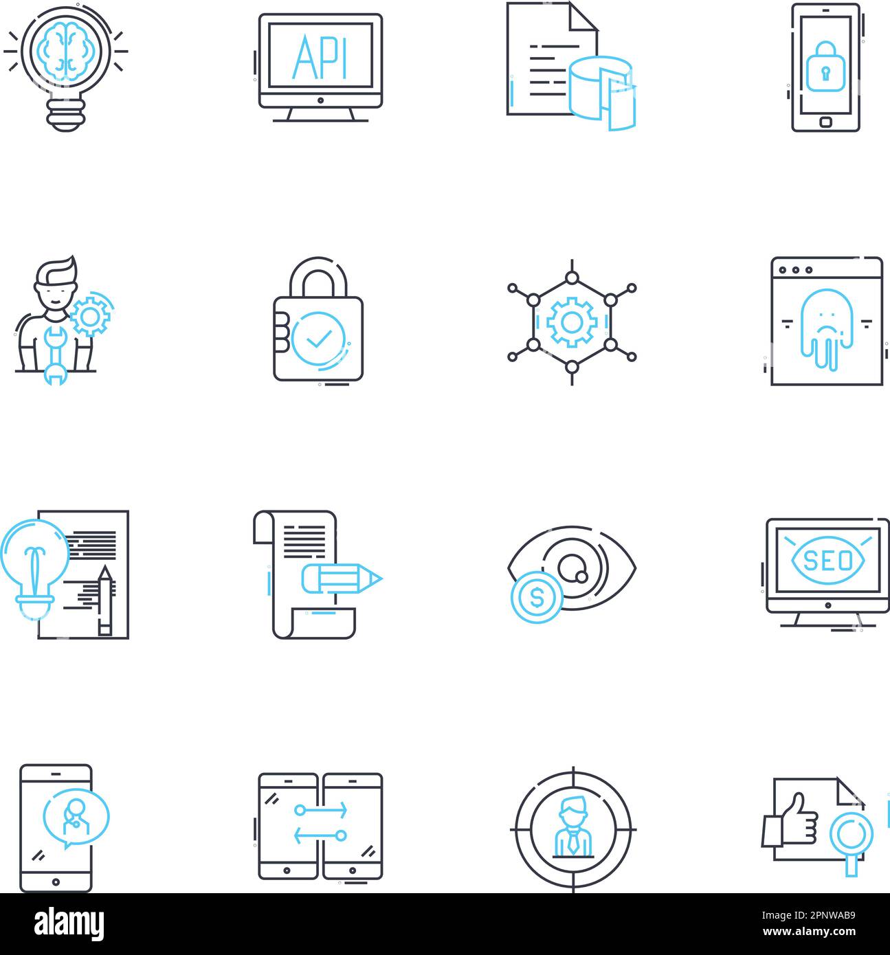 Ensemble d'icônes linéaires d'analyse de données. Aperçus, analyses, métriques, visualisation, interrogation, Interprétation, modélisation du vecteur de ligne et des signes conceptuels. Exploitation minière Illustration de Vecteur