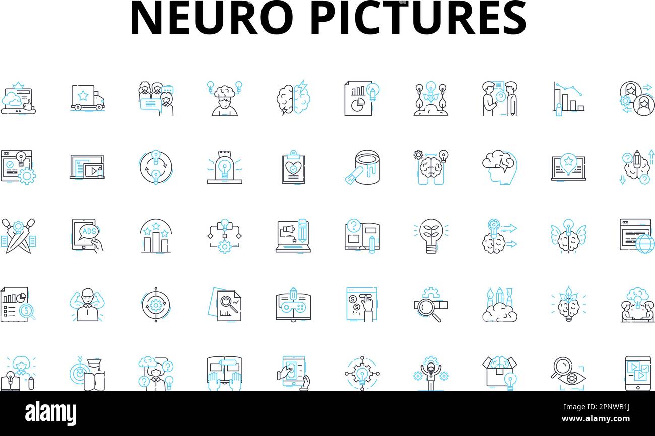 Jeu d'icônes linéaires Neuro Pictures. Ondes cérébrales, neurones, souvenirs, synapses, axones, Cognition, symboles de vecteur de perception et signes de concept de ligne Illustration de Vecteur