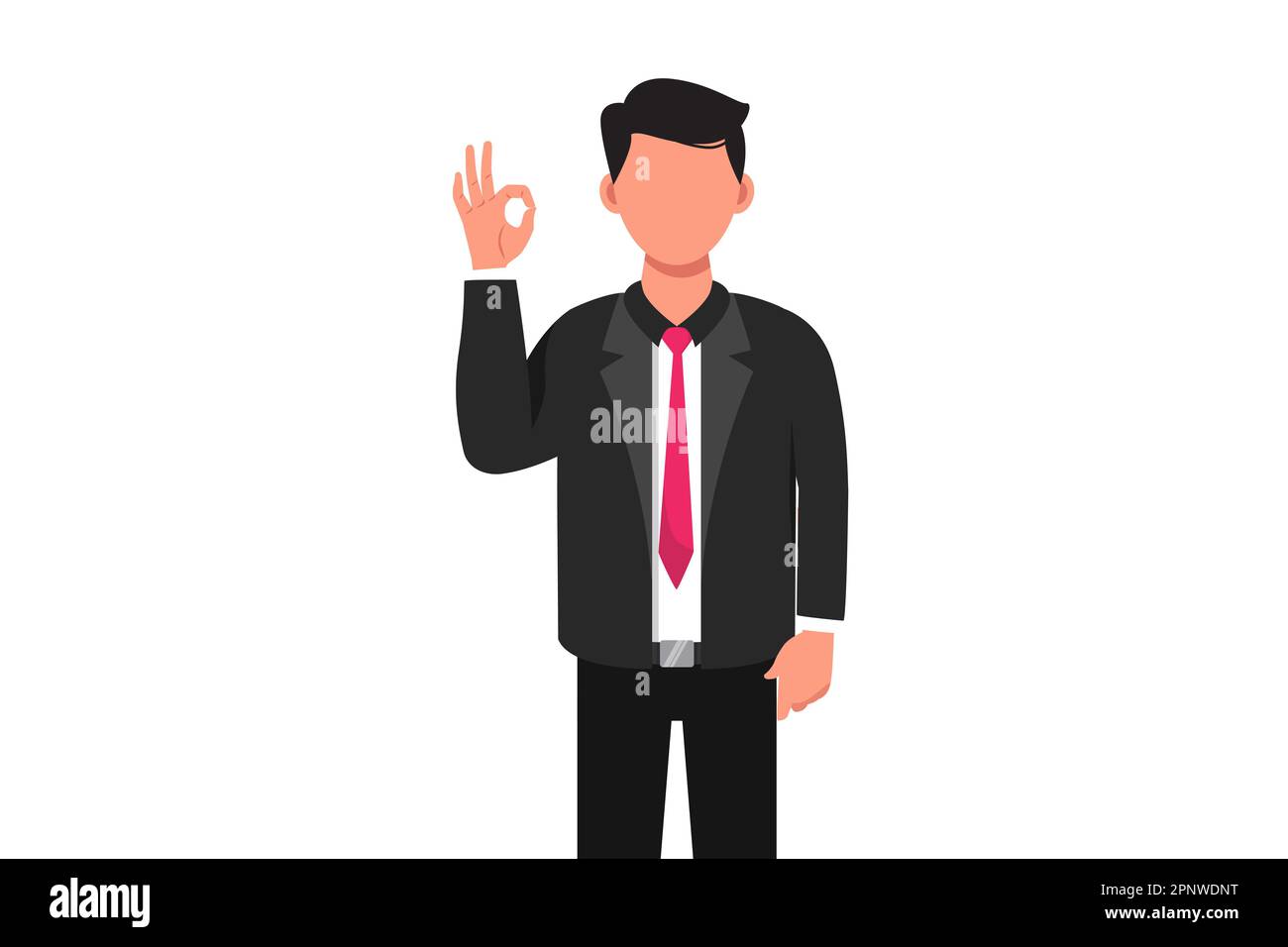 Business Flat dessin de style dessin de dessin homme d'affaires montrant le signe OK avec les mains. Heureux satisfait Manager masculin gestant tout droit, d'accord avec les doigts, appro Banque D'Images