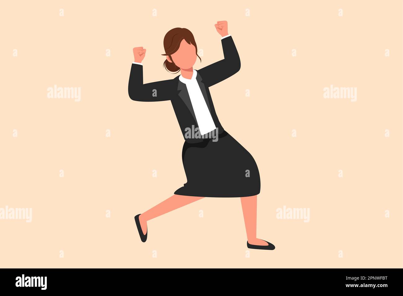 Plan d'affaires bonne femme d'affaires debout avec ses mains levées et ses mains serrées. Une femme responsable célèbre le succès de l'augmentation du niveau de responsabilité de l'entreprise Banque D'Images