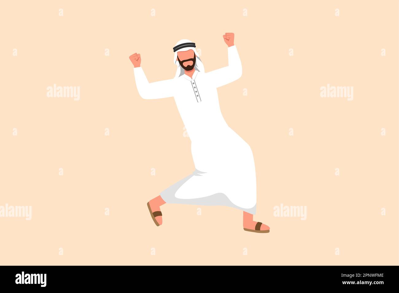 Business Flat dessin de style dessin animé heureux homme d'affaires arabe debout avec les mains resserrées du poing. Un Manager célèbre le succès de l'augmentation Banque D'Images