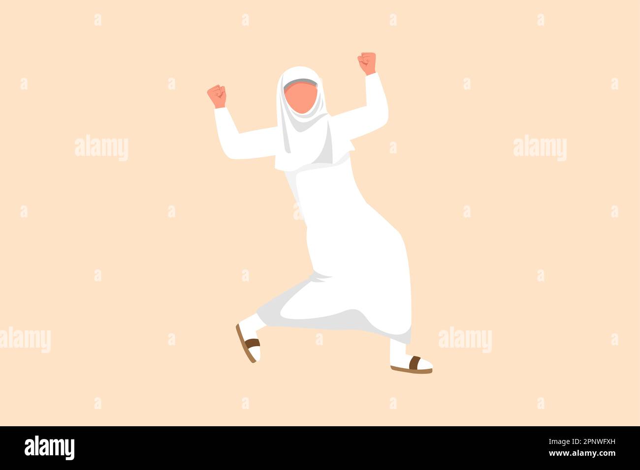Design professionnel dessin femme d'affaires arabe heureuse debout avec ses mains serrées. Manager célébrant le succès de l'augmentation de la valeur de l'entreprise Banque D'Images