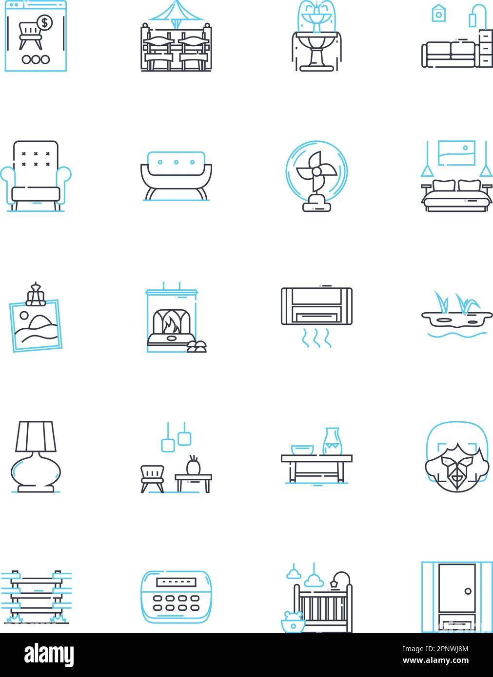 Jeu d'icônes linéaires de bureau. Ergonomique, moderne, rustique, industriel, minimaliste, Panneaux vectoriels et de concept élégants et polyvalents. Compact, robuste, debout Illustration de Vecteur
