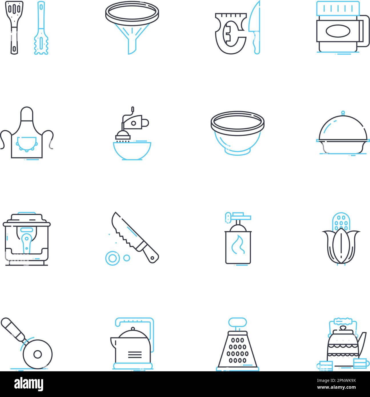 Jeu d'icônes linéaires de galley. Cuisine, cuisine, nourriture, bateaux, bateau, Nautiques, vecteur de ligne de croisière et signes conceptuels. Restaurant, menu, plan de préparation Illustration de Vecteur