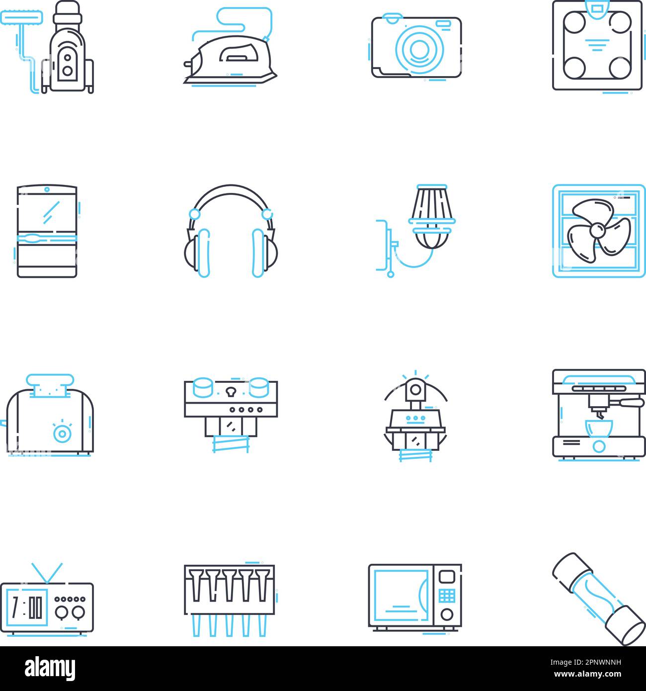 Jeu d'icônes linéaires de machines électriques. Batterie, bobinages, générateurs, transformateurs, moteurs, Panneau de commutation, vecteur de ligne de régulateur et panneaux de concept Illustration de Vecteur