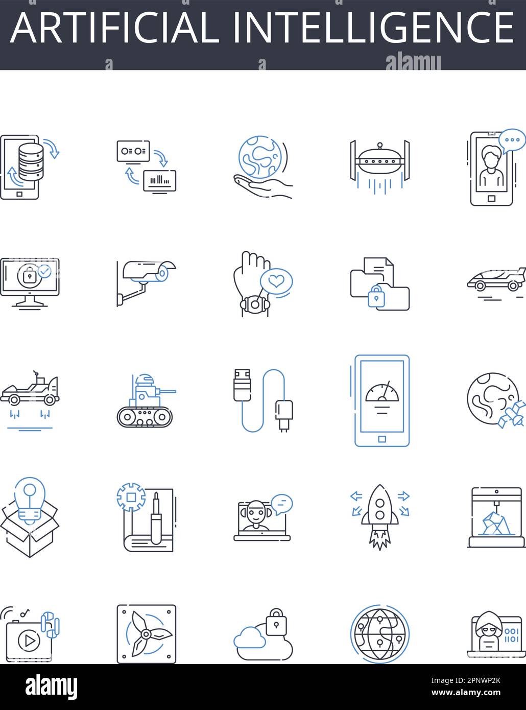 Collection d'icônes de ligne d'intelligence artificielle. Apprentissage machine, informatique cognitive, automatisation numérique, systèmes autonomes, intelligence robotique Illustration de Vecteur