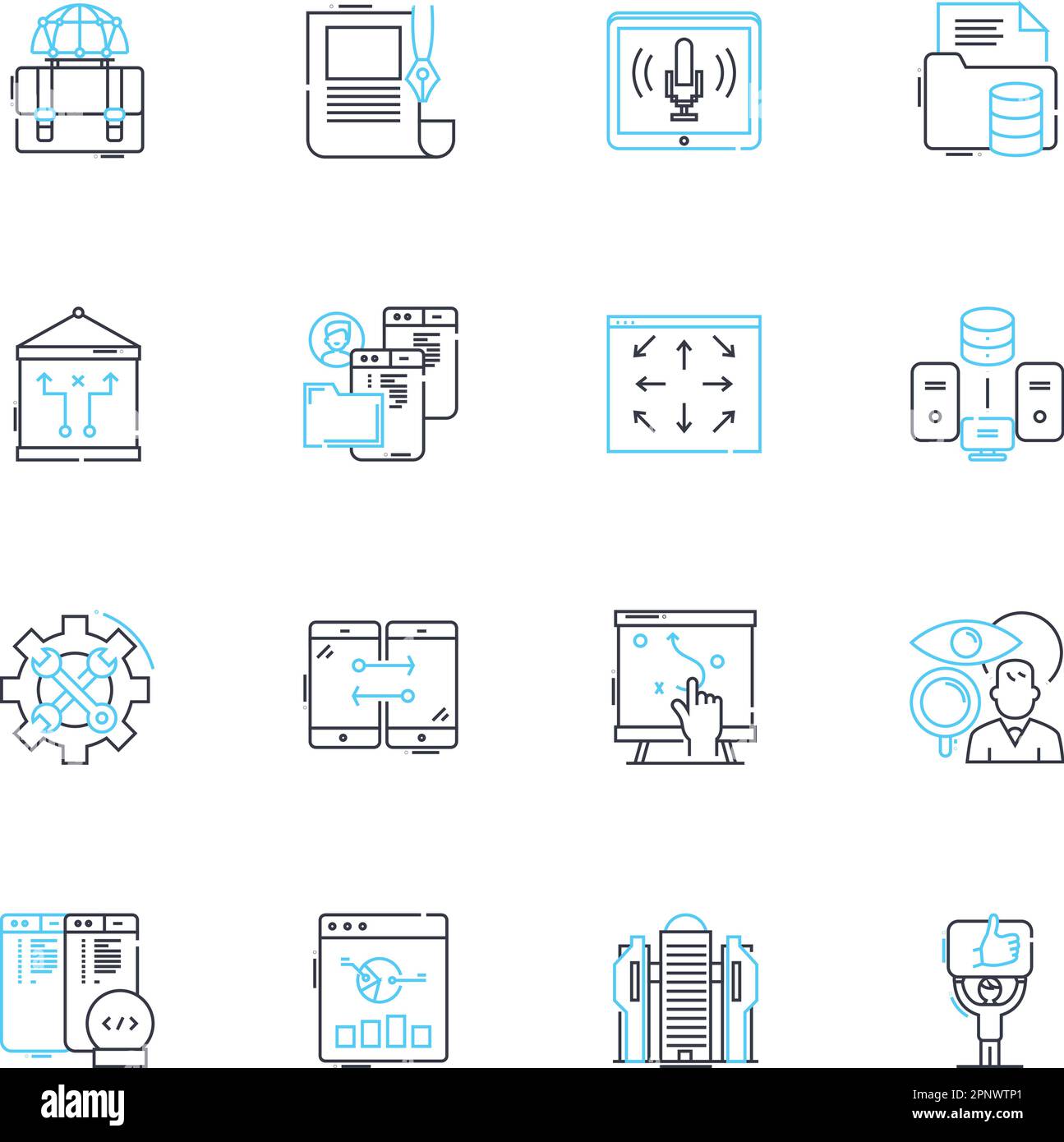 Jeu d'icônes linéaires de publicité de contenu. Promotion, Editorial, engagement, Marketing, Buzz, Panneaux de marque, vecteur de ligne virale et concept. Narration Illustration de Vecteur