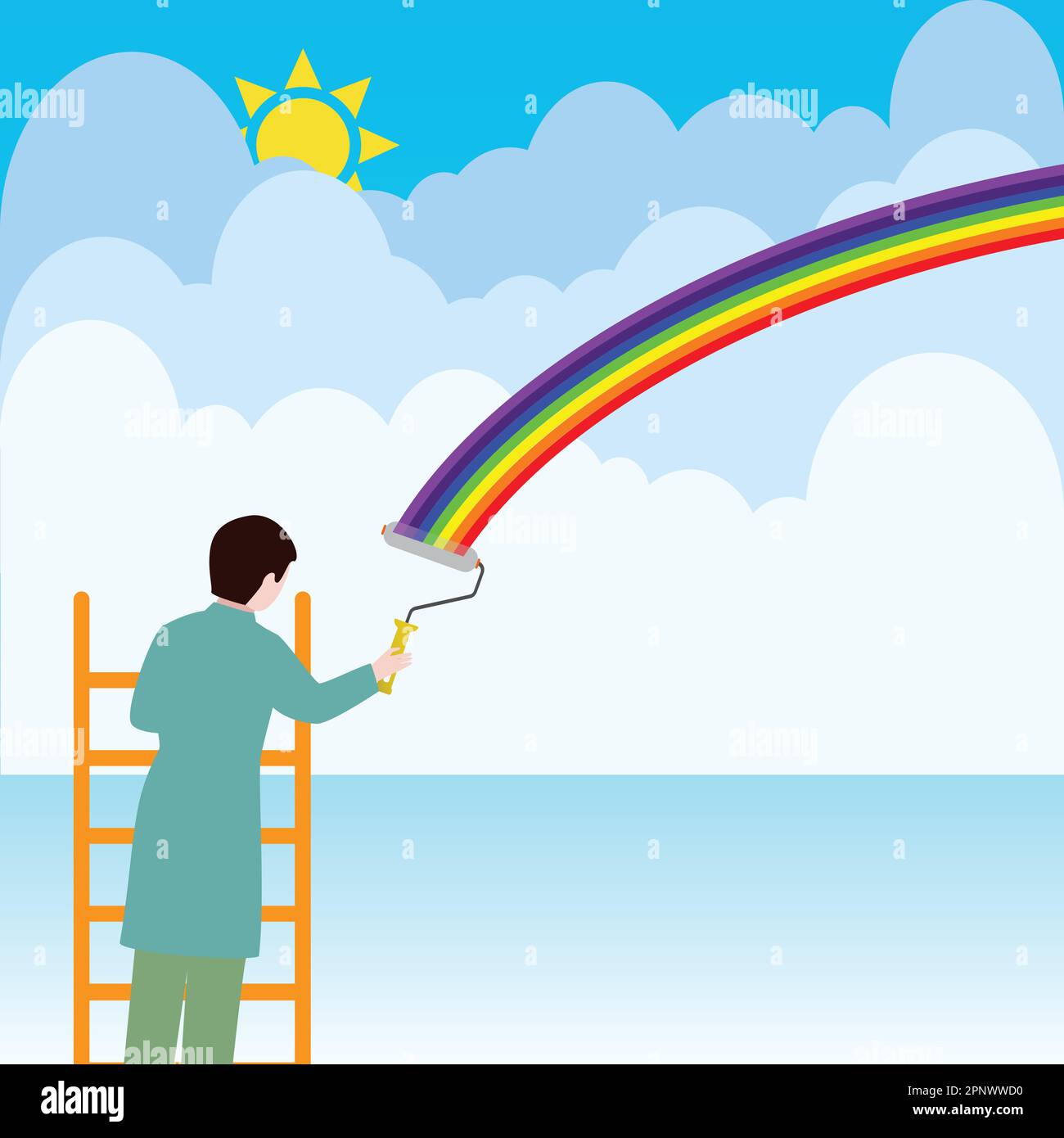 Homme sur une échelle peint un arc-en-ciel sur des nuages Illustration de Vecteur