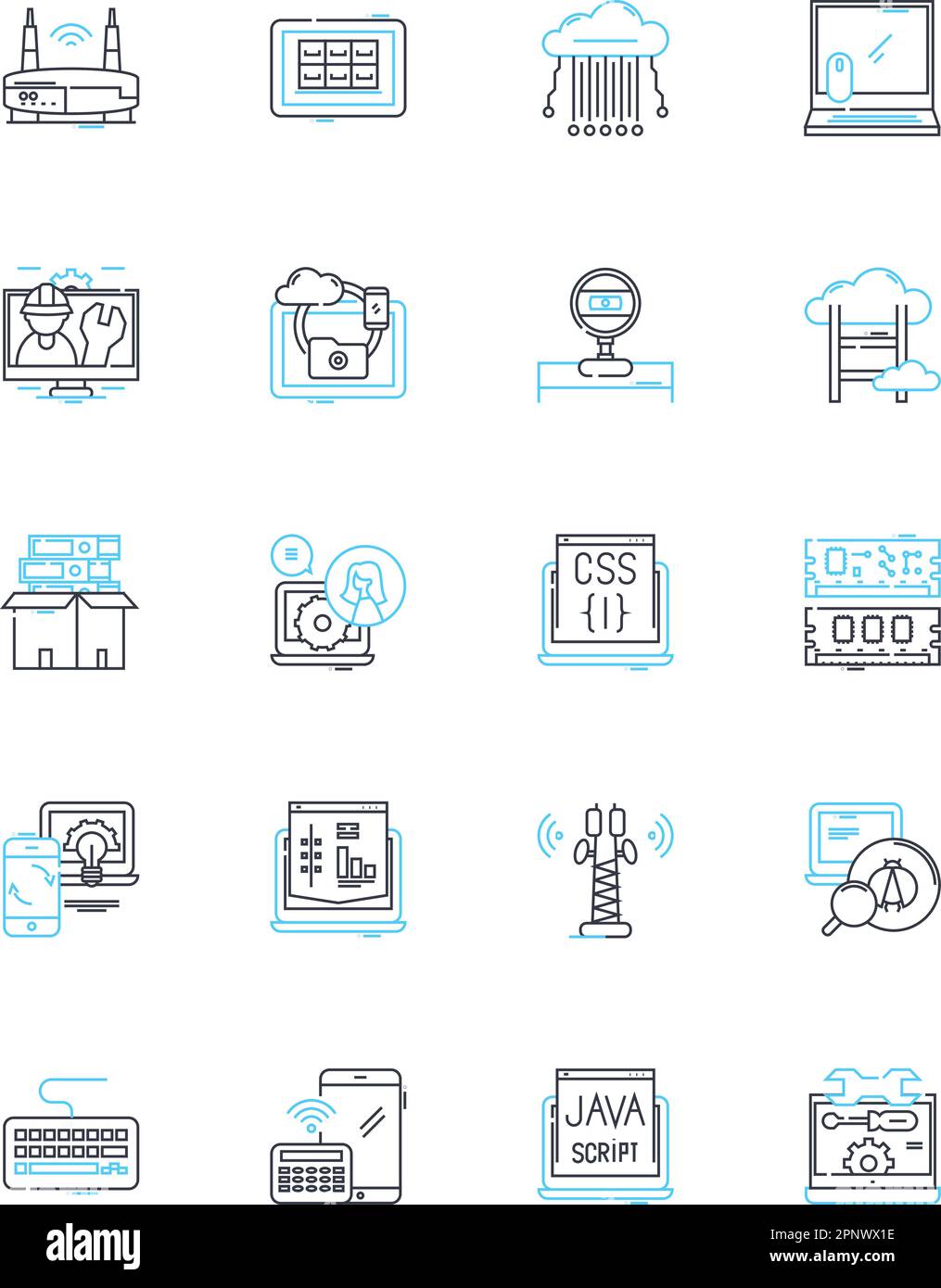 Jeu d'icônes linéaires de science informatique. Algorithme, données, graphiques, code, mémoire, Cryptage, vecteur de ligne d'architecture et signes de concept. Base de données,logiciel Illustration de Vecteur