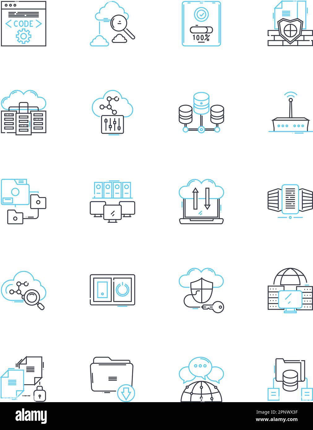 Jeu d'icônes linéaires de la technologie de données. Analyse, entreposage, intégration, visualisation, exploitation minière, Nettoyage, vecteur de ligne d'architecture et signes de concept Illustration de Vecteur