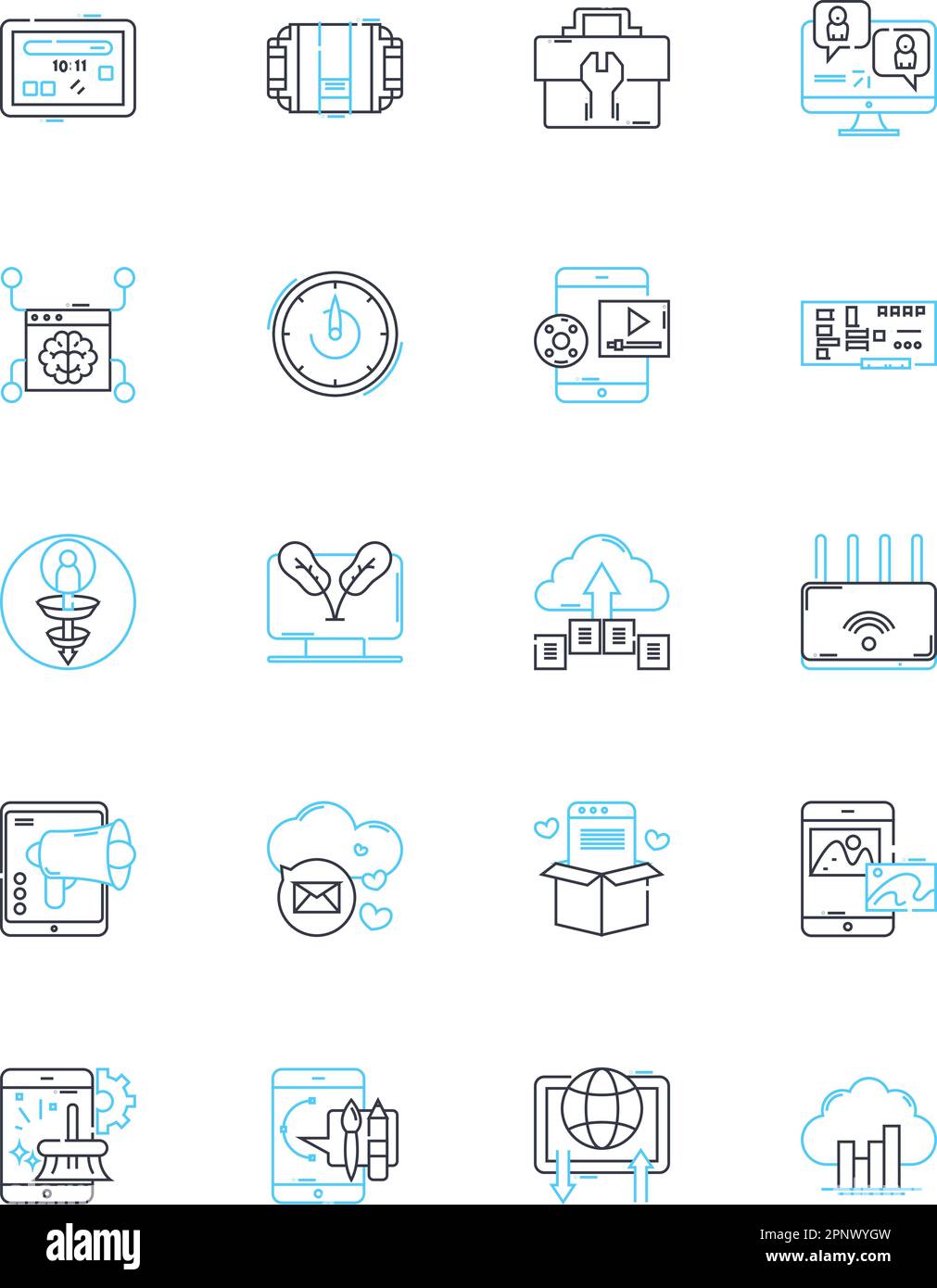 Jeu d'icônes linéaires de marketing numérique. SEO, Analytics, PPC, AdWords, contenu, Médias sociaux, vecteur de ligne de marquage et signes conceptuels. E-mail,Mobile Illustration de Vecteur