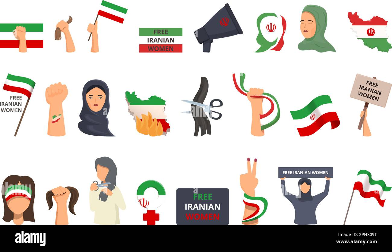 Les icônes des manifestations iraniennes définissent un vecteur de dessins animés. Drapeau femme. Actualités Illustration de Vecteur