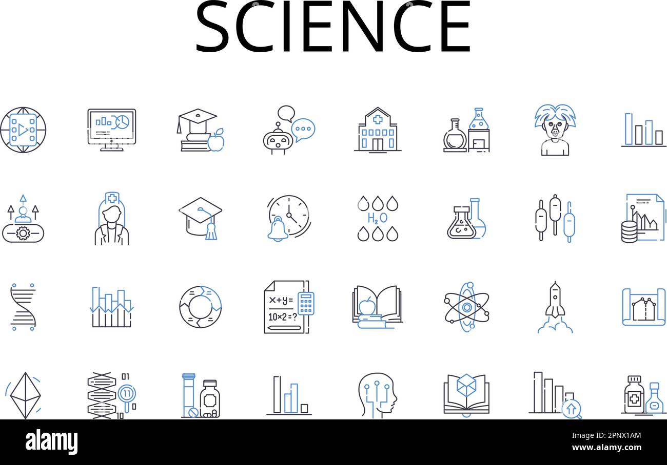 Collection d'icônes de la ligne scientifique. Mathématiques, chimie, physique, astronomie, géologie, Biologie, vecteur d'écologie et illustration linéaire. Génétique,météorologie Illustration de Vecteur