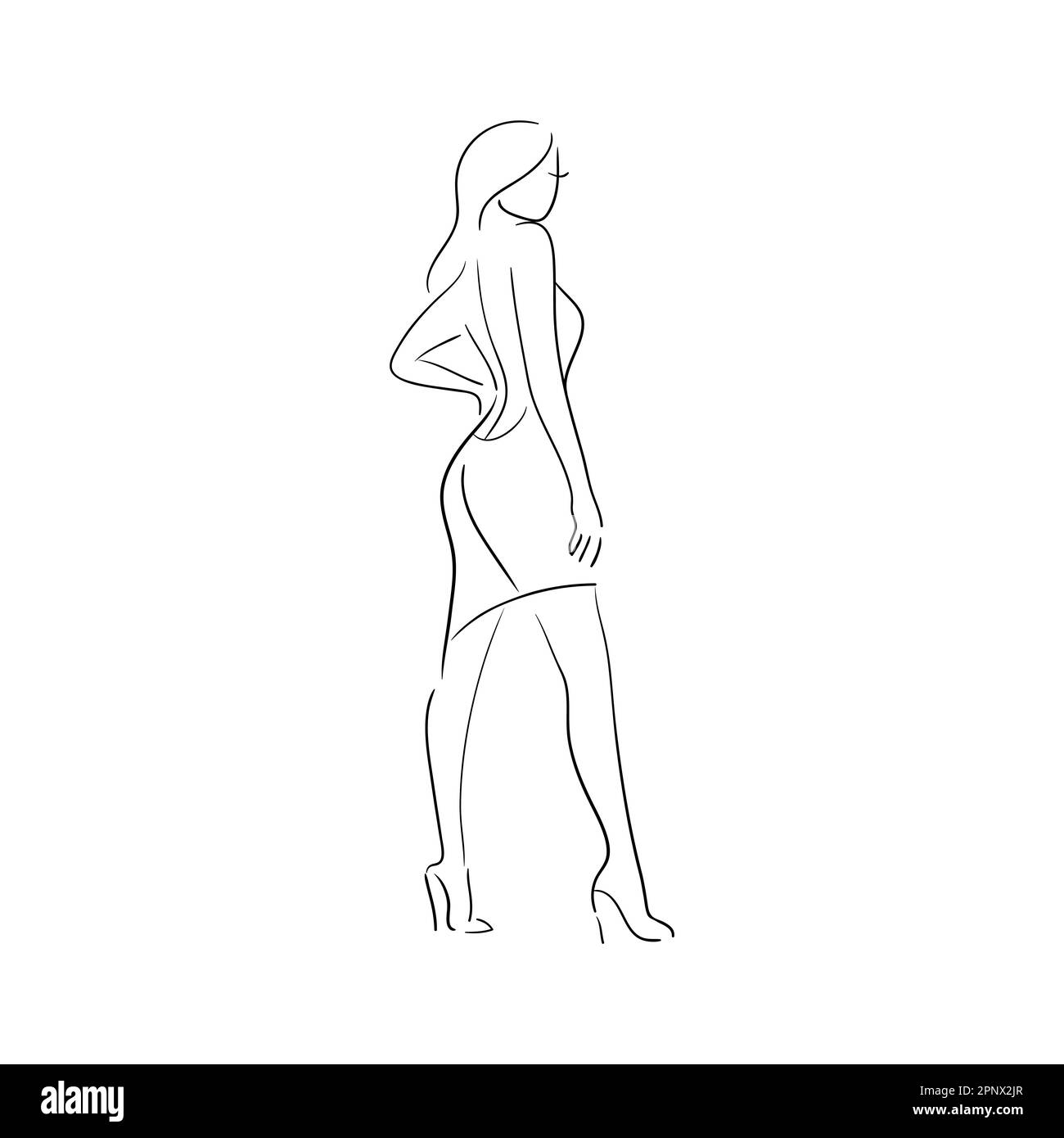 Une belle jeune femme dans une robe se tient avec son dos. Illustration vectorielle stock.Imprimer. Illustration de Vecteur