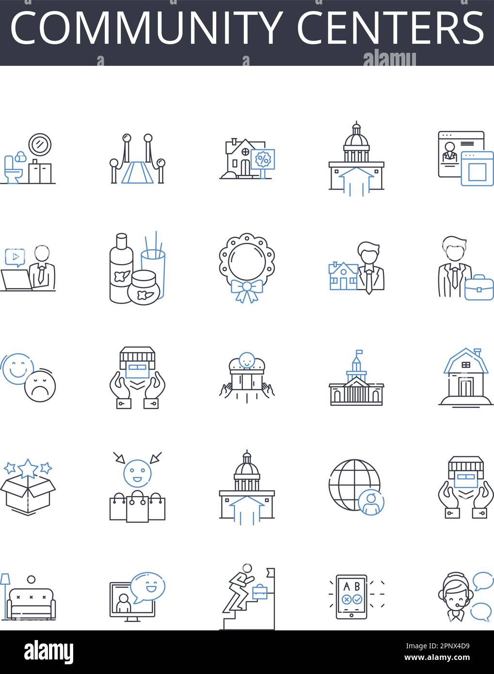 Collection d'icônes de lignes de centres communautaires. Établissements d'enseignement, centres culturels, espaces sociaux, centres de loisirs, organisations civiques, Pôles d'activité Illustration de Vecteur