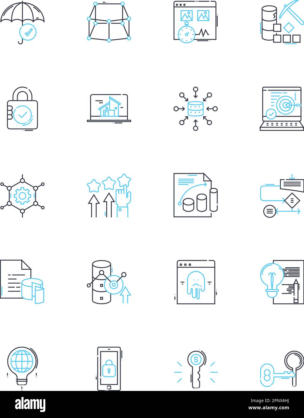 Ensemble d'icônes linéaires d'analyse de données. Aperçus, analyses, métriques, visualisation, interrogation, Interprétation, modélisation du vecteur de ligne et des signes conceptuels. Exploitation minière Illustration de Vecteur