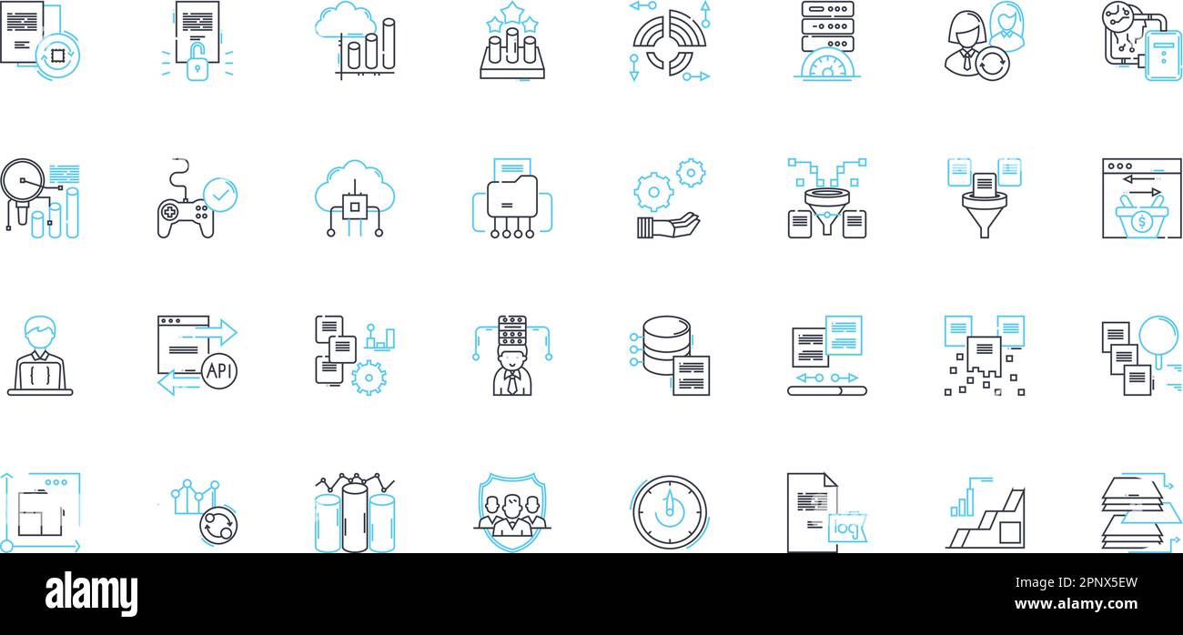 Ensemble d'icônes linéaires de machines. Automatisation, mécanisation, robotique, assemblage, fabrication, Industrialisation, vecteur de ligne d'usinage et signes de concept Illustration de Vecteur