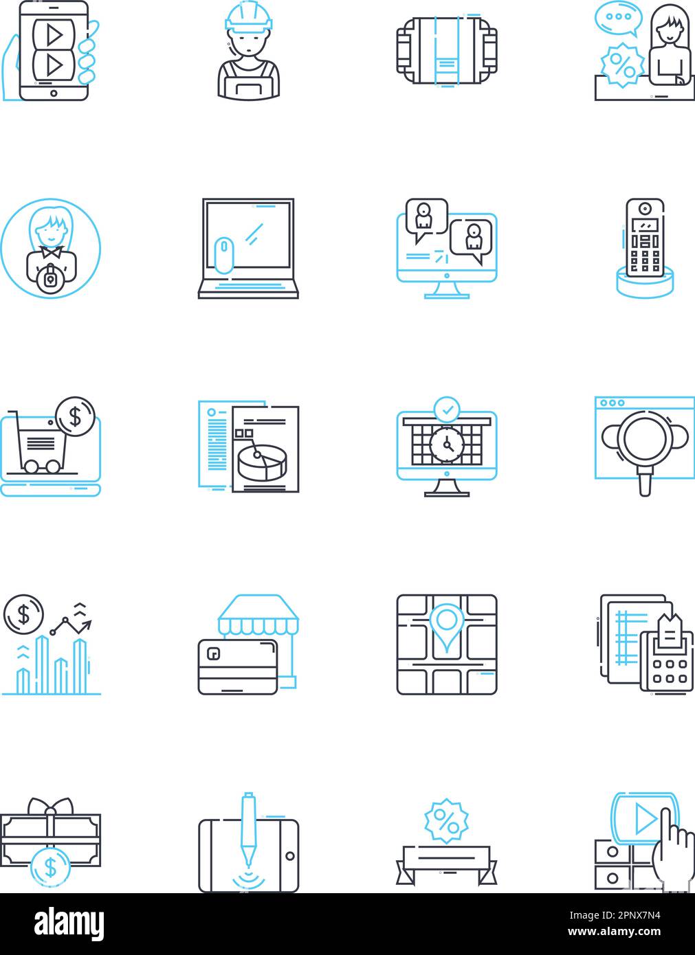 Jeu d'icônes linéaires de publicité numérique. Optimisation, consommation, campagne, Retarketing, engagement, Conversion, vecteur de ligne programmatique et Illustration de Vecteur