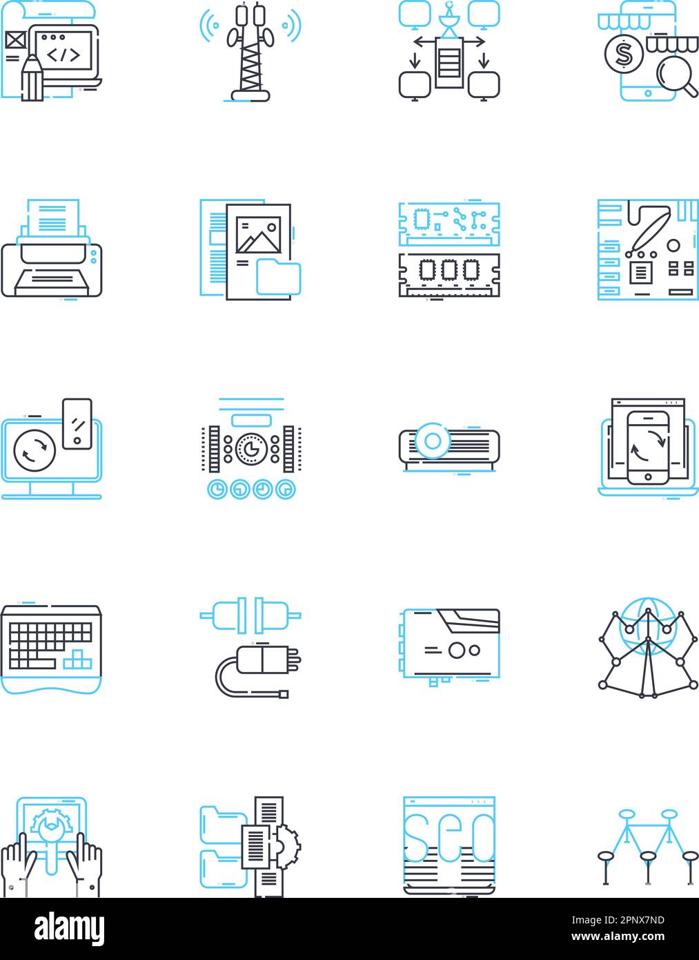Ensemble d'icônes linéaires du processeur d'informations. Processeur, ordinateur, données, logiciel, algorithme, Stockage, vecteur de ligne de mémoire et signes de concept. Programme Illustration de Vecteur