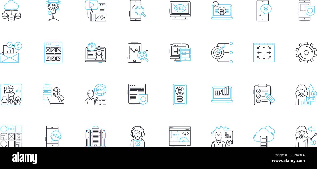 Ensemble d'icônes linéaires de marketing de contenu. Stratégie, marquage, engagement, optimisation, créativité, Narration, vecteur de ligne de conversion et signes de concept Illustration de Vecteur