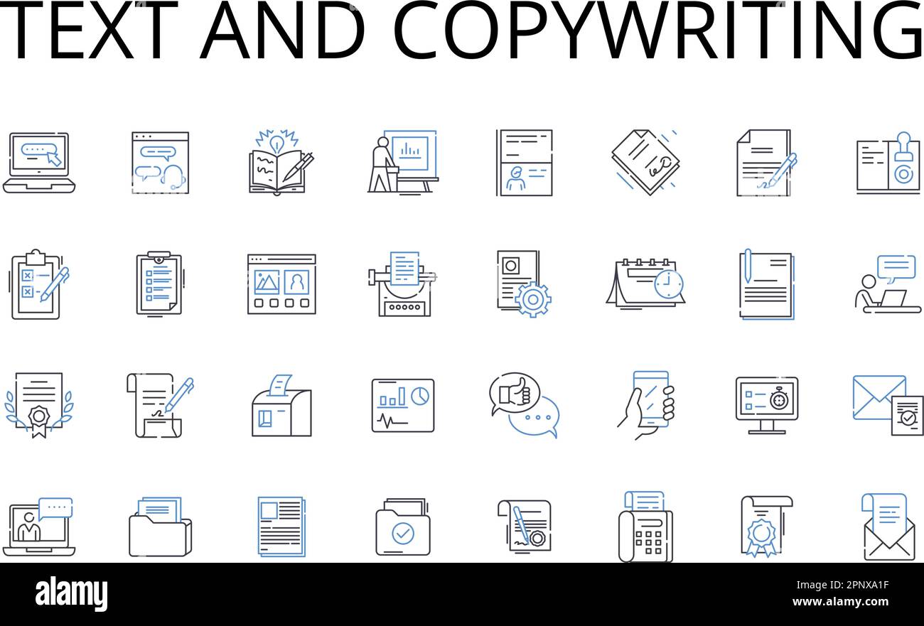 Collection d'icônes de texte et de ligne de rédaction. Wordsmitthing, écriture, script, création, composition, Penning, dessin vectoriel et illustration linéaire Illustration de Vecteur