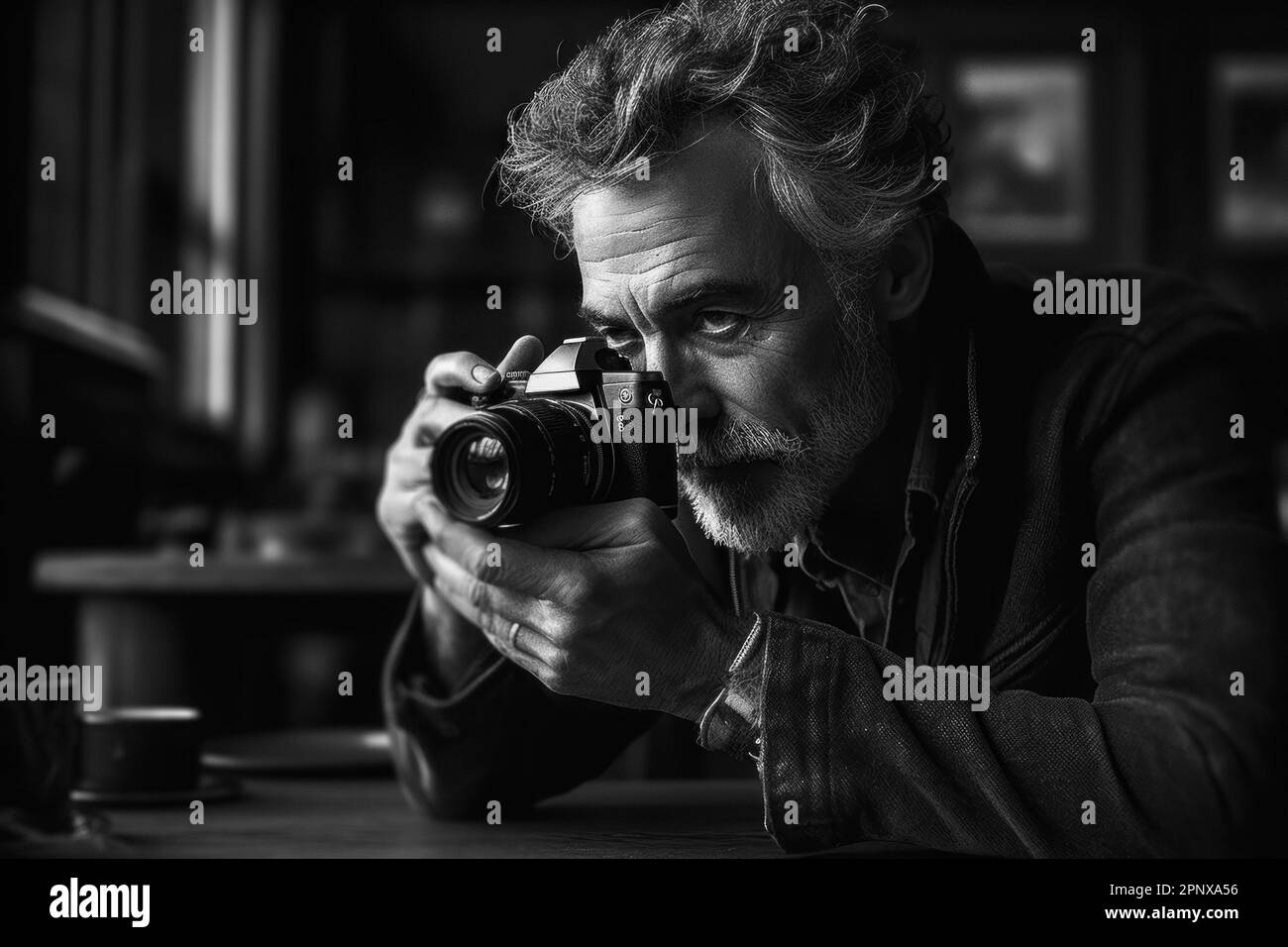 Un homme mûr avec un appareil photo prend une photo devant une table noire et blanche Banque D'Images