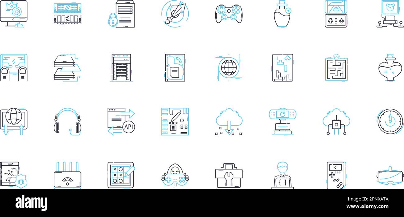 Jeu d'icônes linéaires d'intelligence artificielle. Automatisation, robotique, apprentissage machine, traitement du langage naturel, Big Data, Nerks neuronaux, cognitifs Illustration de Vecteur