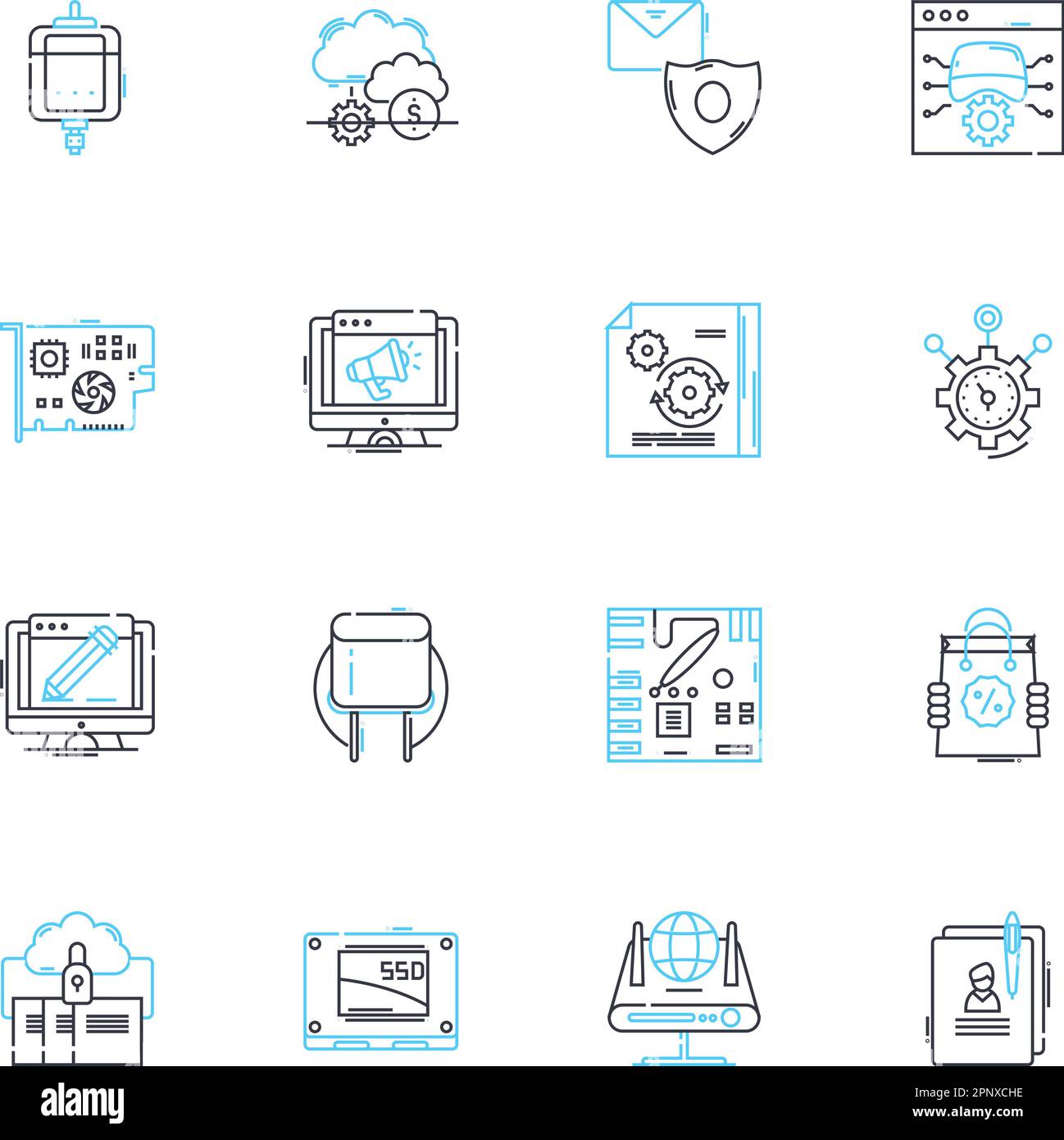 Jeu d'icônes linéaires d'intelligence artificielle. Robotique, automatisation, apprentissage machine, algorithmes, nerf neural, Expert Systems, ligne informatique cognitive Illustration de Vecteur