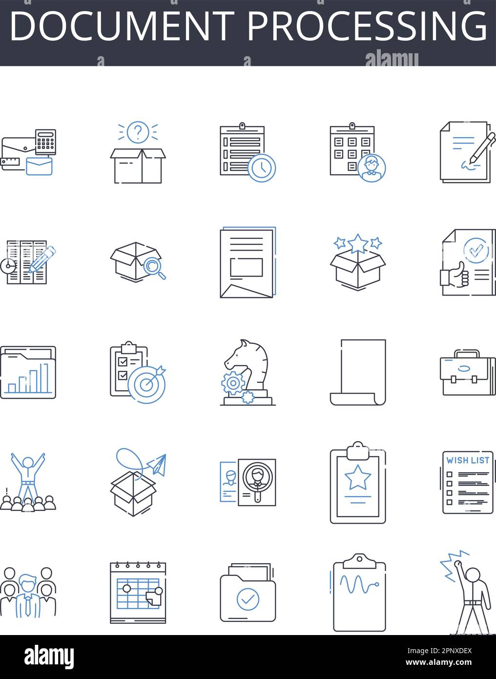 Collection d'icônes de ligne de traitement de document. Numérique, imaginaire, simulé, Cyber, en ligne, Illustration augmentée, vectorielle non réelle et linéaire. À distance Illustration de Vecteur